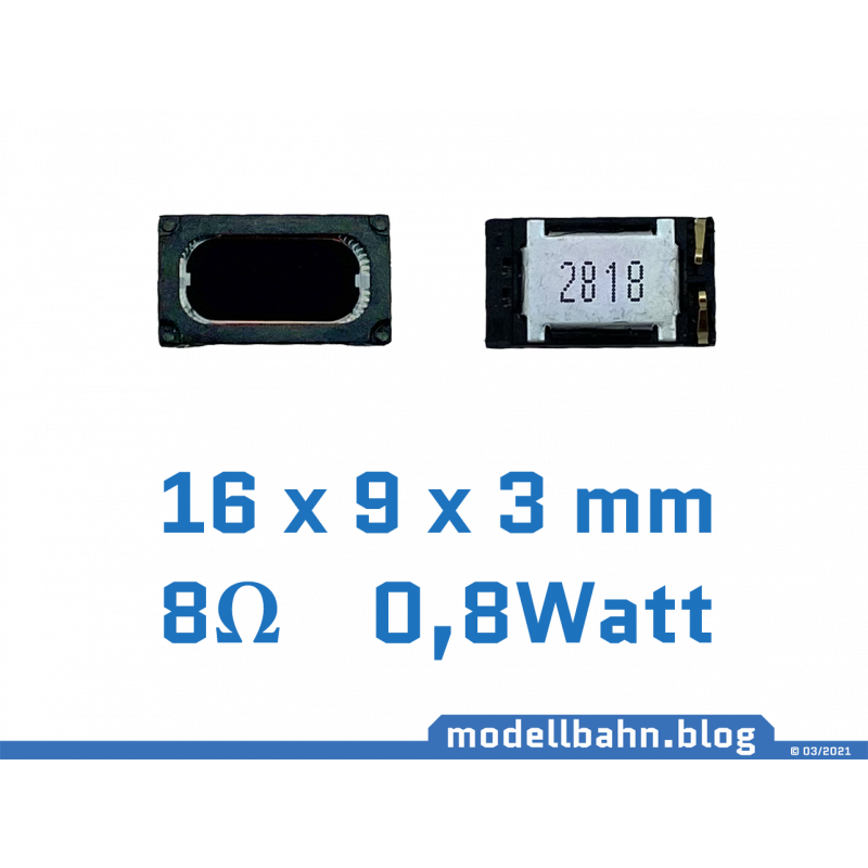 Miniatur-Lautsprecher 16x9x3mm mit 8Ohm, 1Watt und angelöteten Kabelsatz
