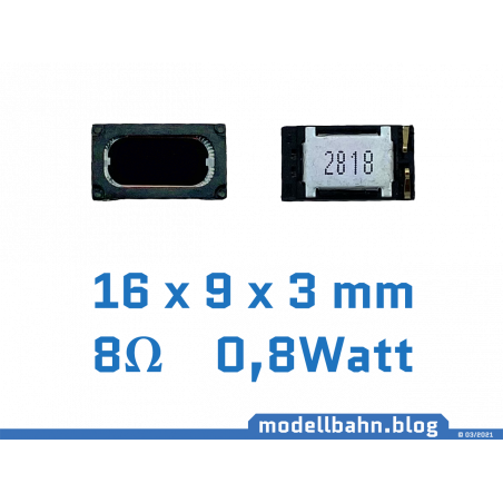 Miniatur-Lautsprecher 16x9x3mm mit 8Ohm, 1Watt und angelöteten Kabelsatz