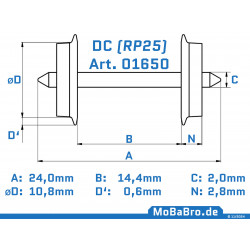 2pcs DC RP25 wheel set with wheel Ø10.8mm & 24.0mm pointed axle, black nickel plated 01650