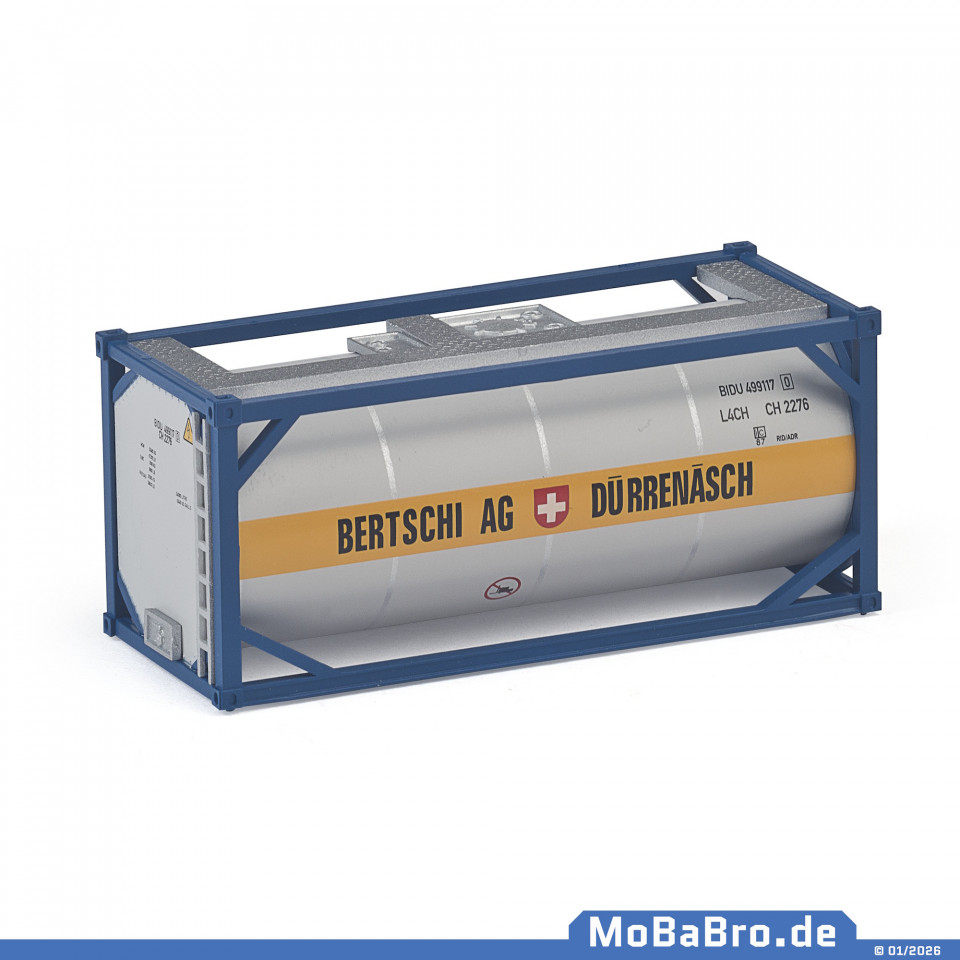 Light grey colored 20ft tank container "Bertschi AG" in 1:87 (H0)