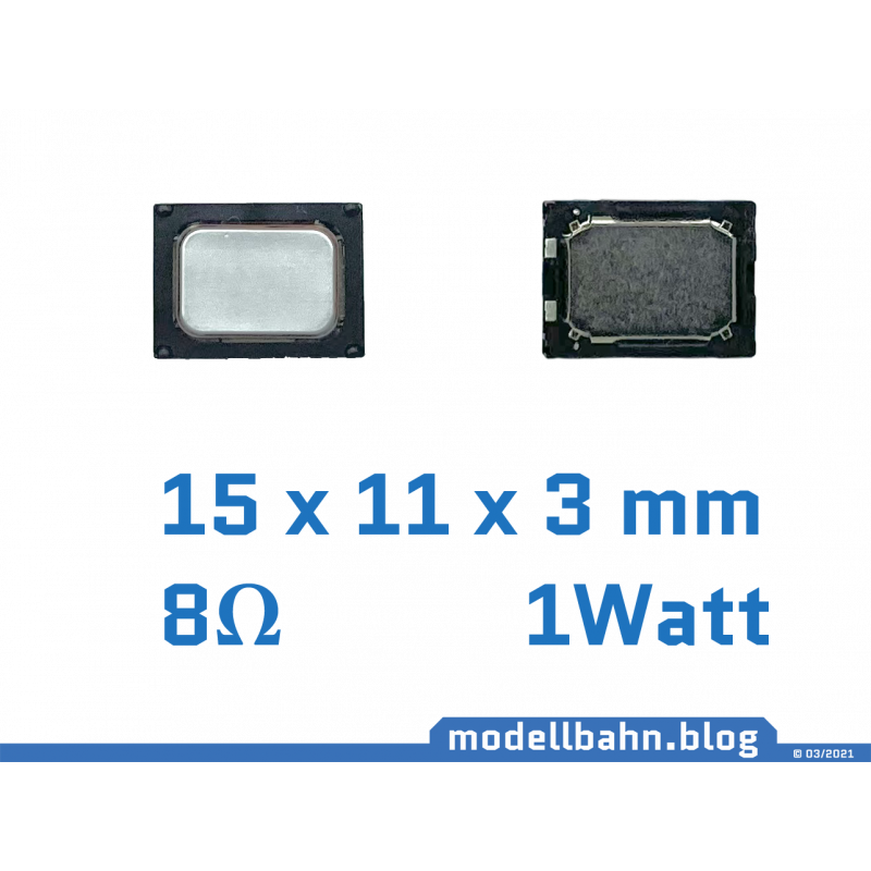 Miniature speaker 15x11x3mm with 8 ohms, 1 watts & soldering pads